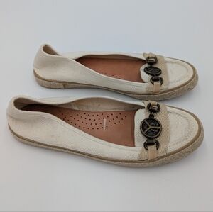 YSL Women's Espadrille Flats 38.5 Beige Slip On Canvas Logo Medallion Jute sole